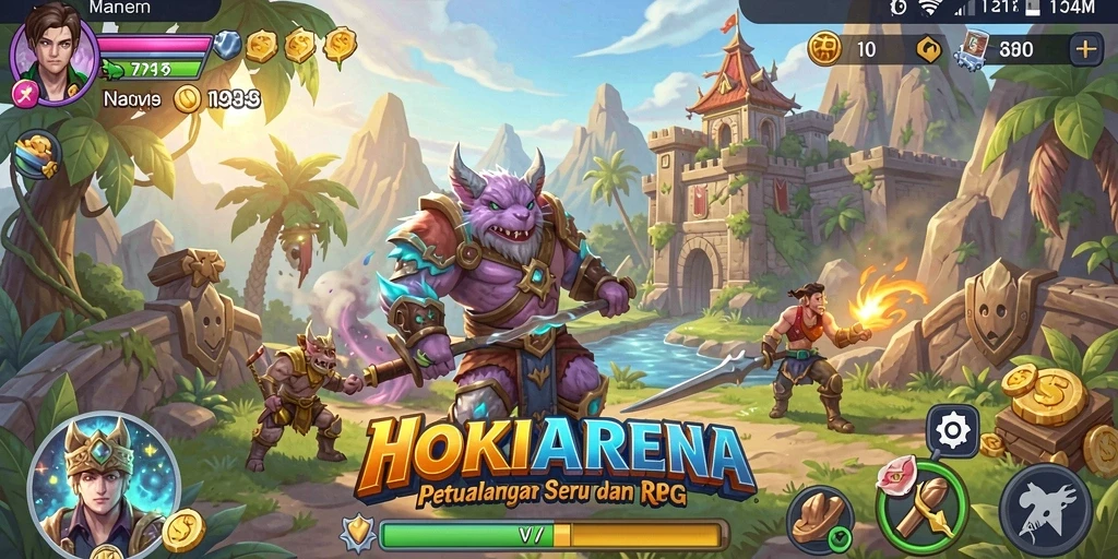 Tampilan gameplay HOKIARENA dengan karakter yang beraksi di medan pertempuran RPG.