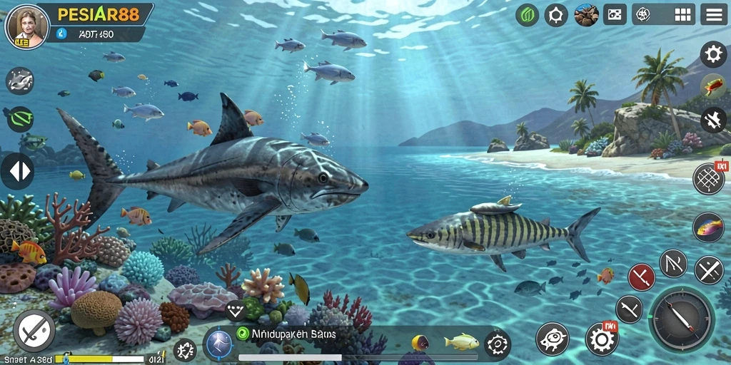 Tampilan gameplay PESIAR88 yang menampilkan petualangan di laut.