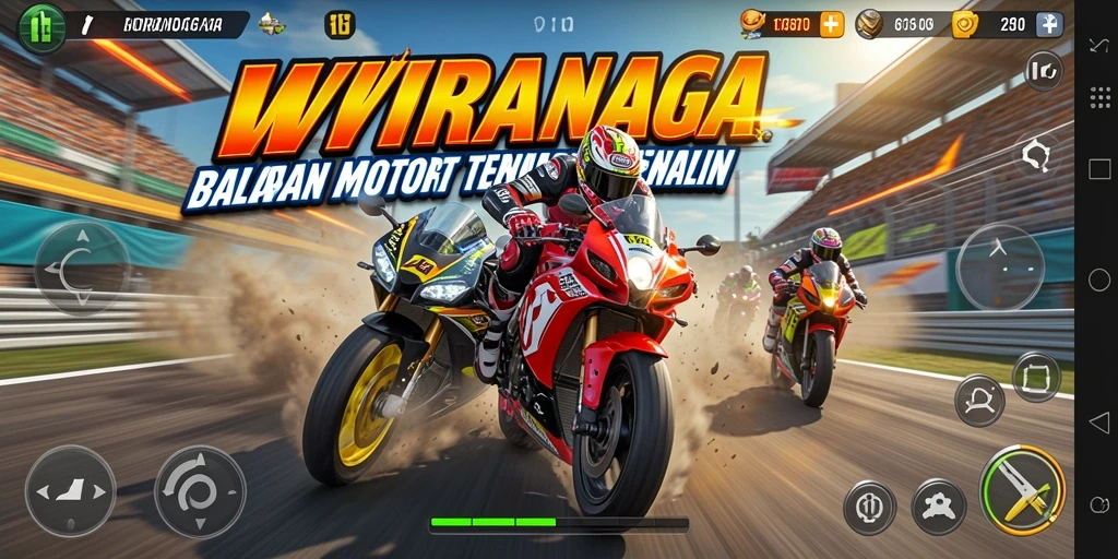 Screenshot utama WIRANAGA menampilkan balapan motor yang mendebarkan.